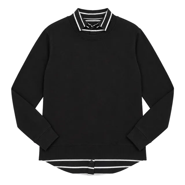 Denim & Co. Black 2-in-1 Layered Striped Collar Top Size M