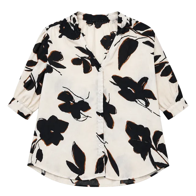 T Tahari Floral Blouse Size M White Black Button Down Short Sleeve