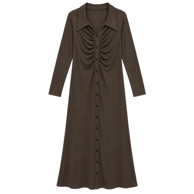 Brown Ribbed Long Sleeve Button Front Midi Shirt Dress
