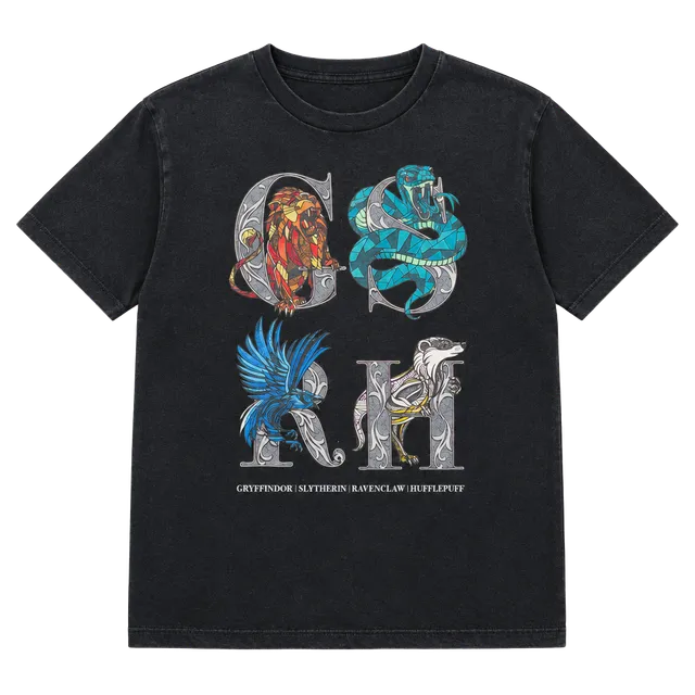 Harry Potter Hogwarts Houses Graphic T-Shirt Size L 10/12 Black