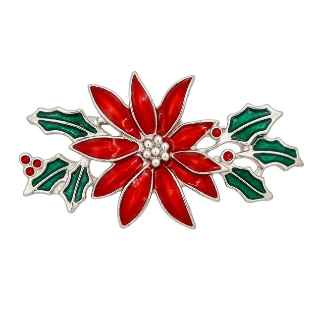 Vintage Silver Tone and Enamel Poinsettia Christmas Holiday Brooch Pin Red Green