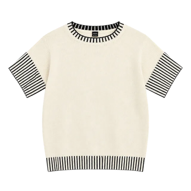 SHEIN Striped Ruffle Sleeve Sweater Size US 6 Cream Black Knit Top