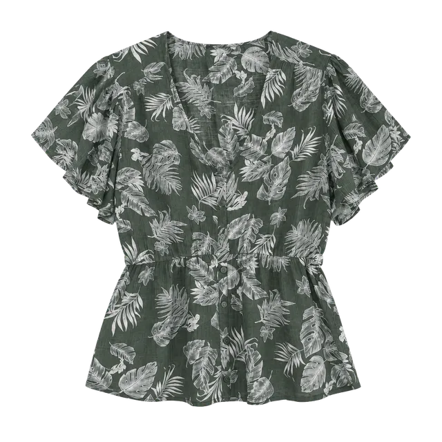 LUSH Leaf Print Blouse Size S Green White Short Sleeve Peplum Top