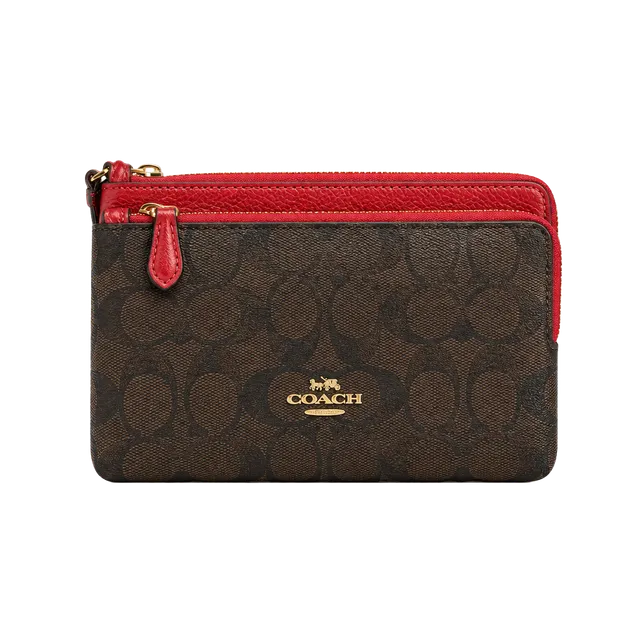 Coach C5576 Brown Signature 1941 Red Leather Double Zip Wristlet preowned like new