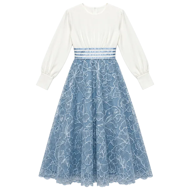 Eshet Chayil Dress White Blue Floral Lace Long Sleeve Maxi