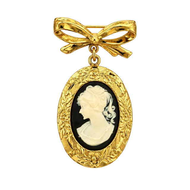 Vintage 1970s Gold Tone Bow Cameo Locket Pin Brooch