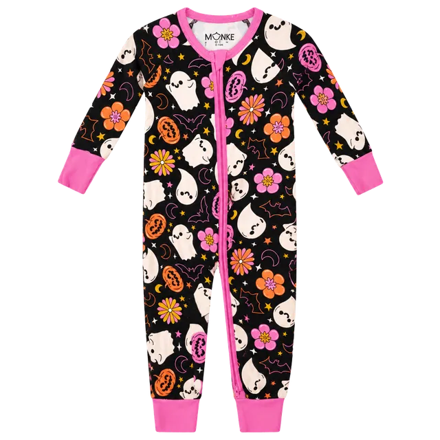 Monkee Roos Halloween Romper Size 0-3M Ghost Pumpkin Print Bamboo Zippy
