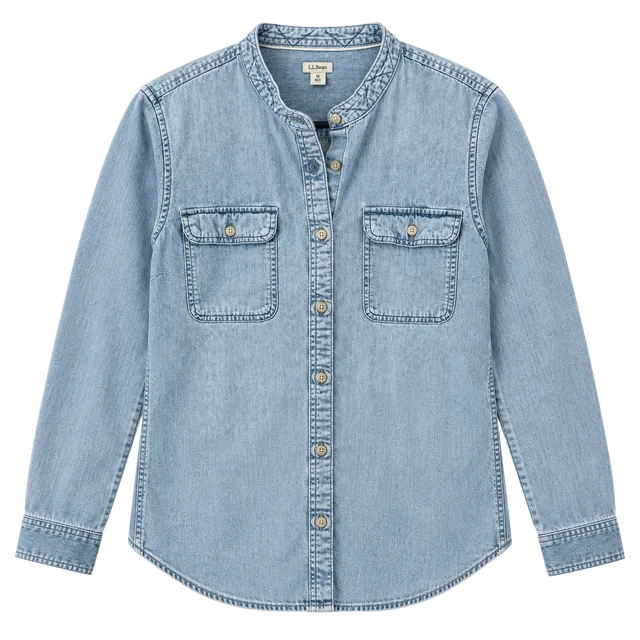 LL Bean Women's Denim Button Up Shirt L 100% Cotton Chambray Mandarin Collar