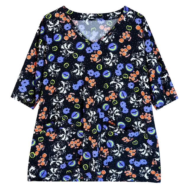 Landau Women’s Halloween Print Scrub Top Short Sleeve Chest Pocket Multi
