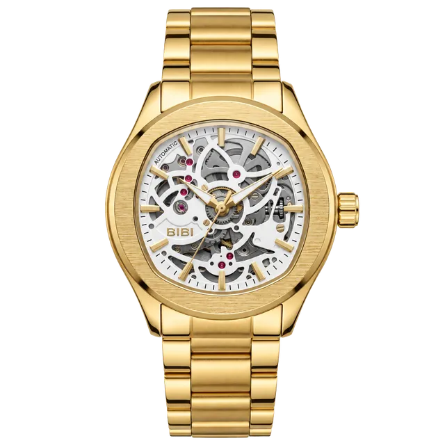 Bibi Automatic Gold Tone Skeleton Watch With Box