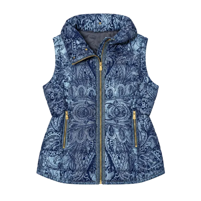 Desigual Puffer Vest Size M Blue Paisley Quilted Full Zip Velvet Look