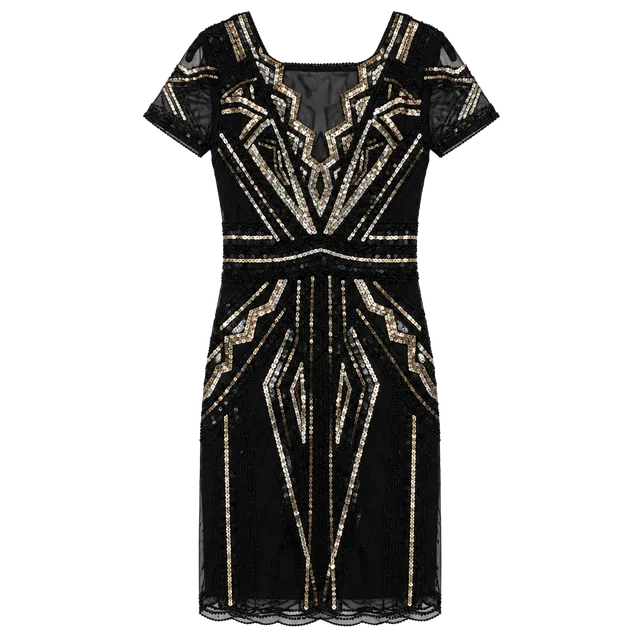 Black Gold Sequin Art Deco Flapper Dress Short Sleeve Cocktail Dress small 
