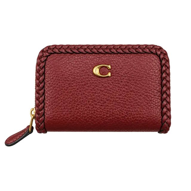 Coach Braided Leather Zip Around Card Case Wallet Red
