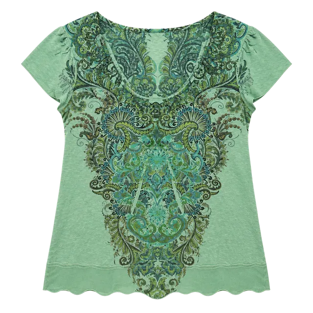 One World Paisley Top Size XL Green Short Sleeve Tee
