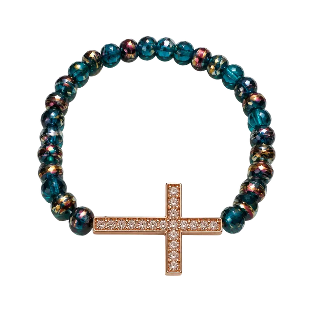 Beaded Cross Stretch Bracelet Blue and Rose Gold