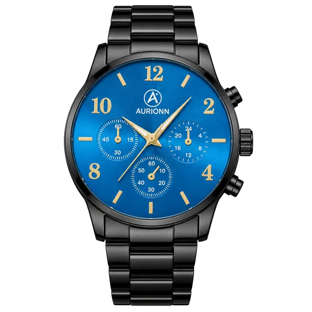 Aurionn Men Quartz Watch Blue Dial Stainless Steel Black