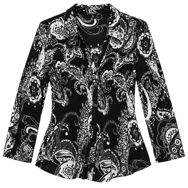 Black White Paisley Print Button Front Blouse Boho Y2K Flowy Tunic Size M