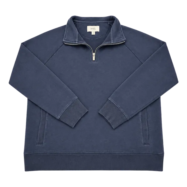 M&S Mens XL Navy Blue Quarter Zip Sweatshirt Cotton Pullover Mock Neck Casual