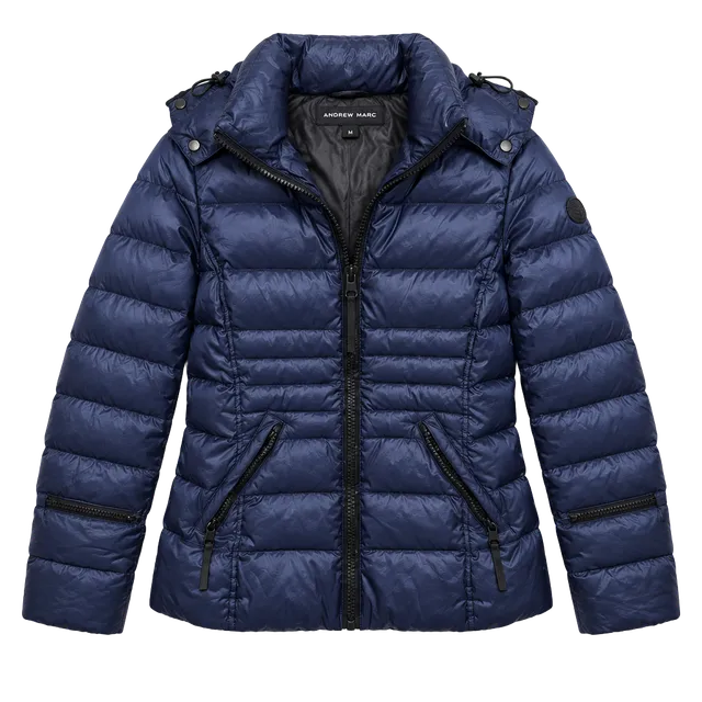 Andrew Marc Down Puffer Jacket Size XS Navy Blue Hooded