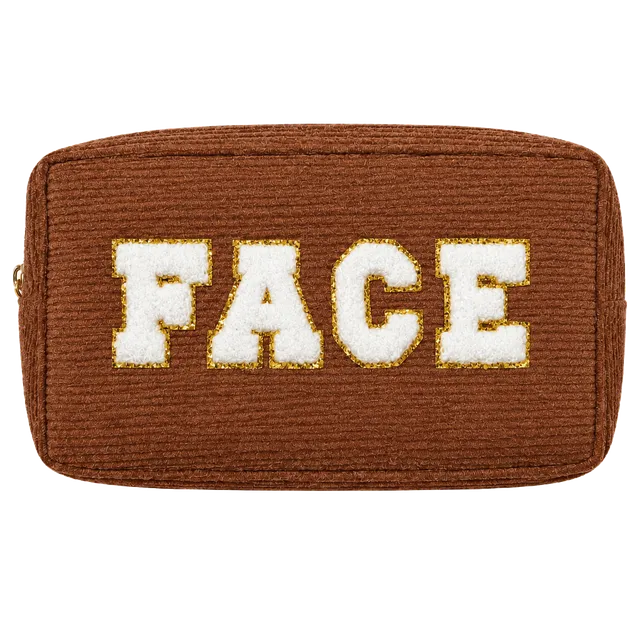 Face Corduroy Makeup Pouch Brown Gold Letters