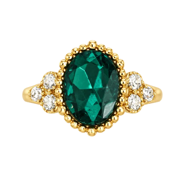 Vintage Gold Tone Green Oval Rhinestone Cocktail Ring Size 6