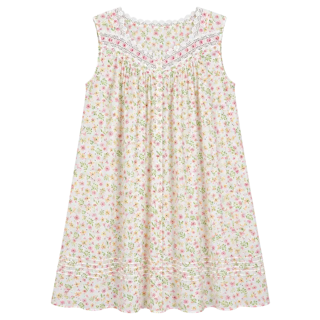 Vintage Eileen West Pink Floral Cotton Nightgown Dress with Lace and Ribbon