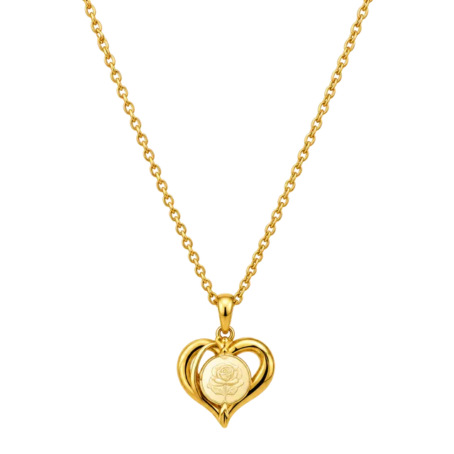 Upcycled Stainless Steel Gold Tone Mother of Pearl Rose Heart Pendant Necklace