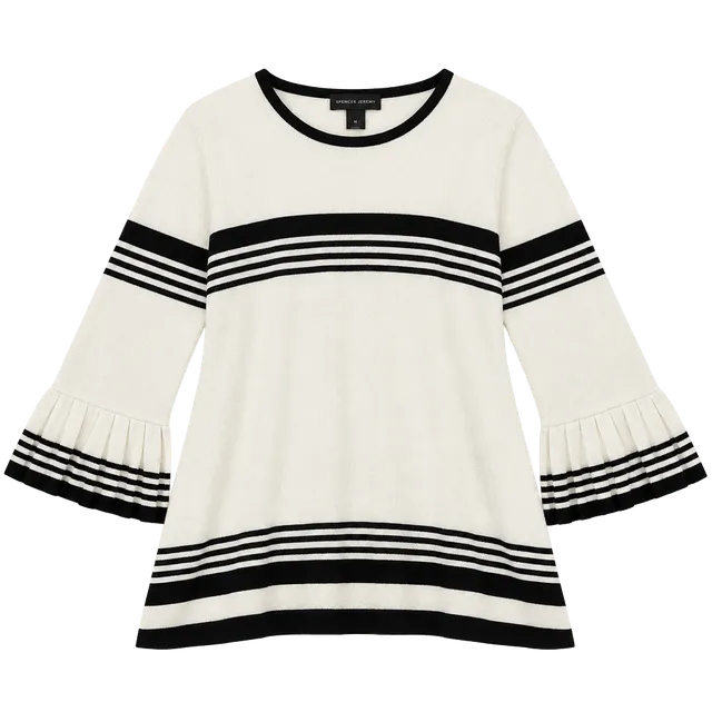 Investments Striped Sweater XL White Black Pleated Bell Sleeve Knit Top
