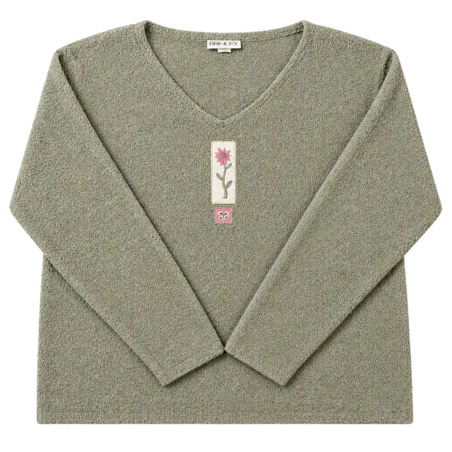 Brindah V-Neck Sweatshirt Green Floral Applique
