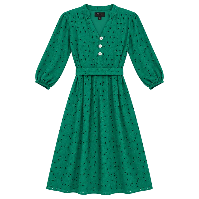 RN Studio by Ronni Nicole Dress Size S Green Eyelet Belted 3/4 Sleeve