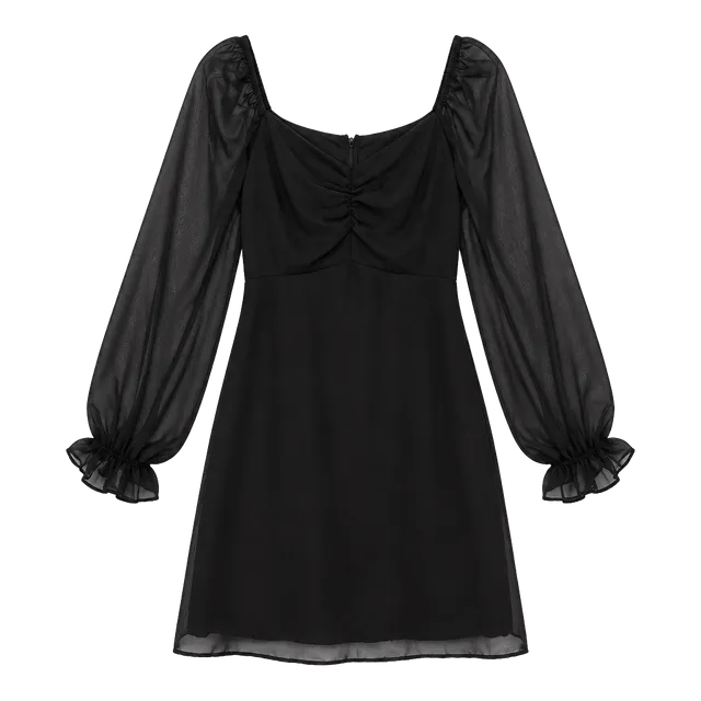 Black Chiffon Long Sleeve Square Neck Dress