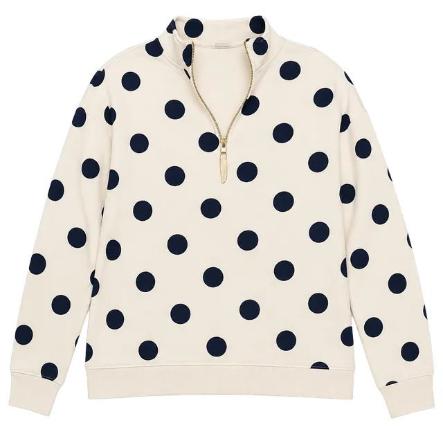 Zenana Polka Dot 1/4 Zip Pullover Sweatshirt Size L White Blue