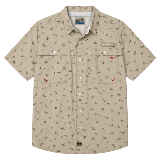 Salt Life SLX Fishing Shirt Size XL Tan Lure Print