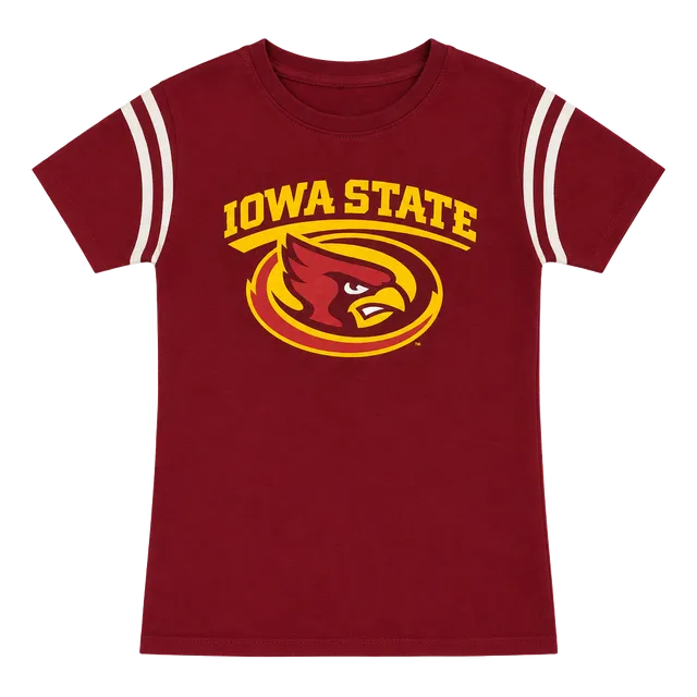 Woman Champion Iowa State University T-Shirt Red Graphic Striped Sleeves