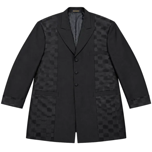 Ranalli Men's Blazer Size 52R Avant-Garde Dark Academia Formal Eveningwear Tonal Checkerboard Jacquard Black Peak Lapel Four Button Tuxedo Style Sport Coat