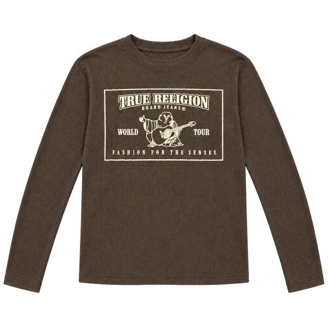 True Religion World Tour Long Sleeve Ribbed Shirt Medium Brown