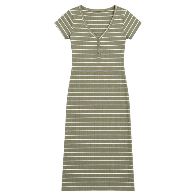 Heart & Hips Striped Ribbed V-Neck Midi Dress Green Size S