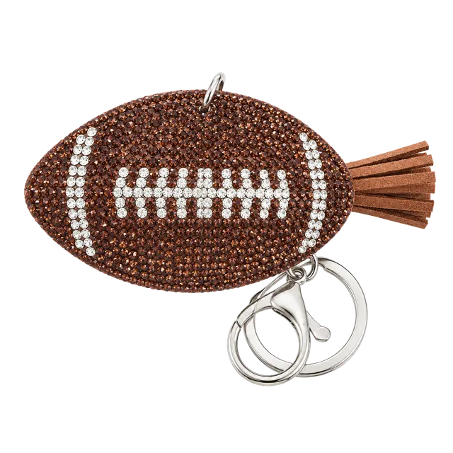 Rhinestone Football with Tassel Bag Charm and Keychain Brown