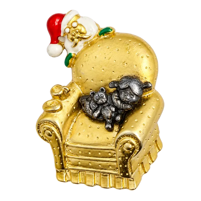 Vintage Danecraft Santa and Child Whimsical Chair Christmas Brooch Pin Gold Tone