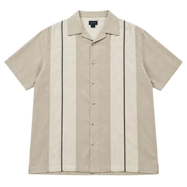 Neiman Marcus Silk Bowling Shirt Size XL Beige Striped Camp Collar
