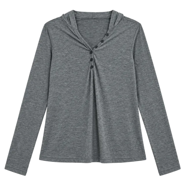 Gray Lightweight Button-Front Hooded Long Sleeve Cropped Pajama Top