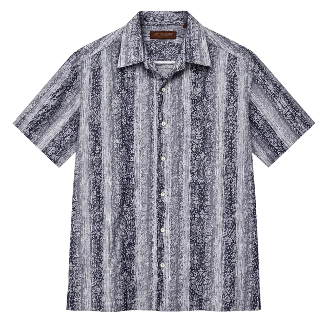 Paisley Print Hawaiian Aloha Shirt Gray Purple Coastal Resort Men's Size M