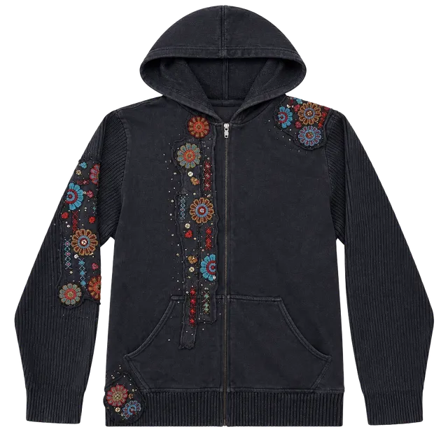 Spa by Chico's Embroidered Zip Up Hoodie Size 3 Black Cotton