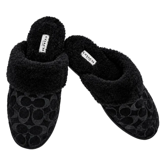 Coach Signature Faux Shearling Slippers Black Size 9