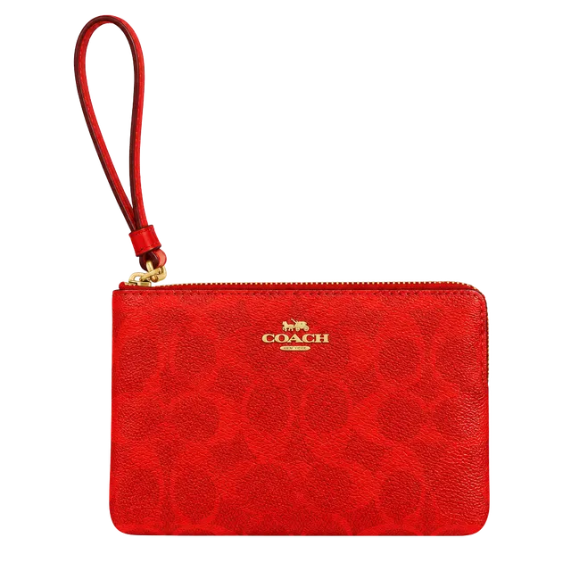 Coach Corner Zip Wristlet Signature Canvas Bold Red