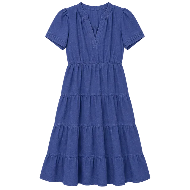 Cynthia Rowley Tiered Midi Dress Size S Blue Linen Short Sleeve