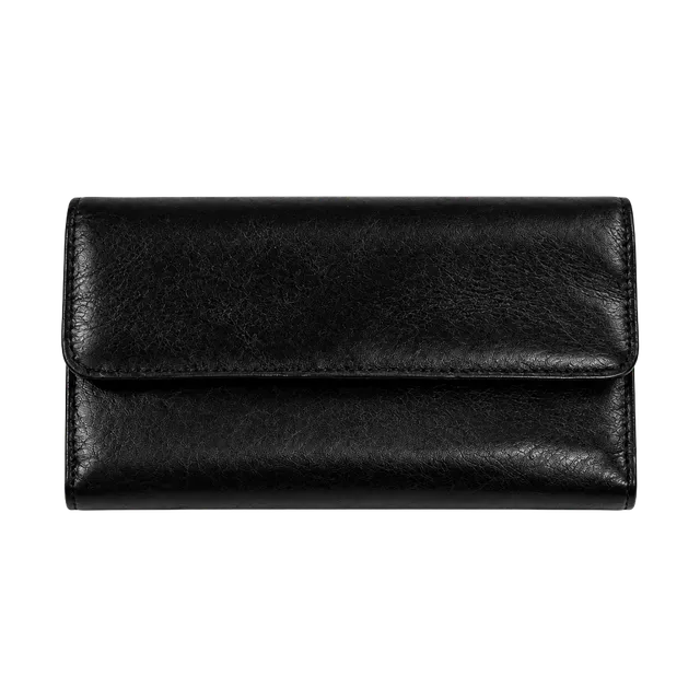 Relativity Women's Trifold Wallet 7in Quiet Luxury Old Money Minimalist Y2K Heritage Black Genuine Leather Checkbook Snap Closure