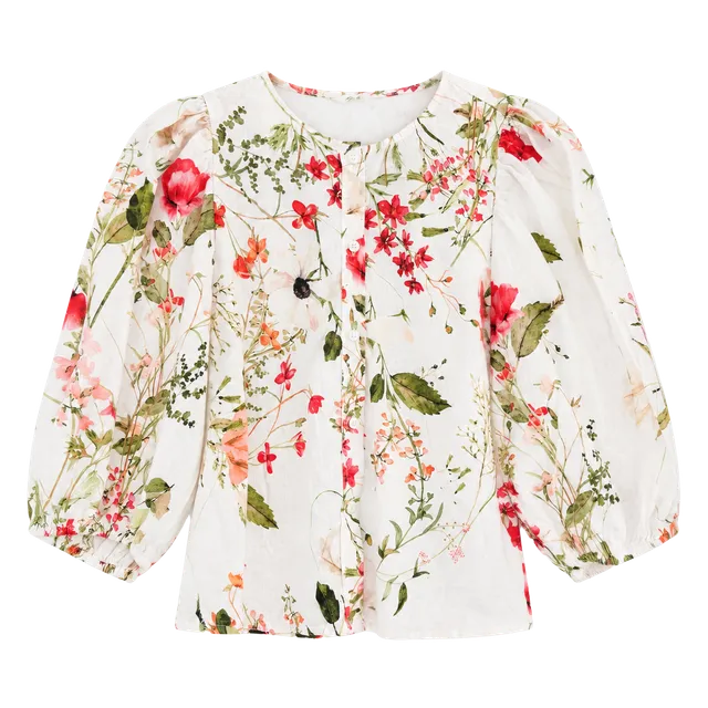 H&M Floral Blouse Size M Linen Blend Puff Sleeve Button Front Top