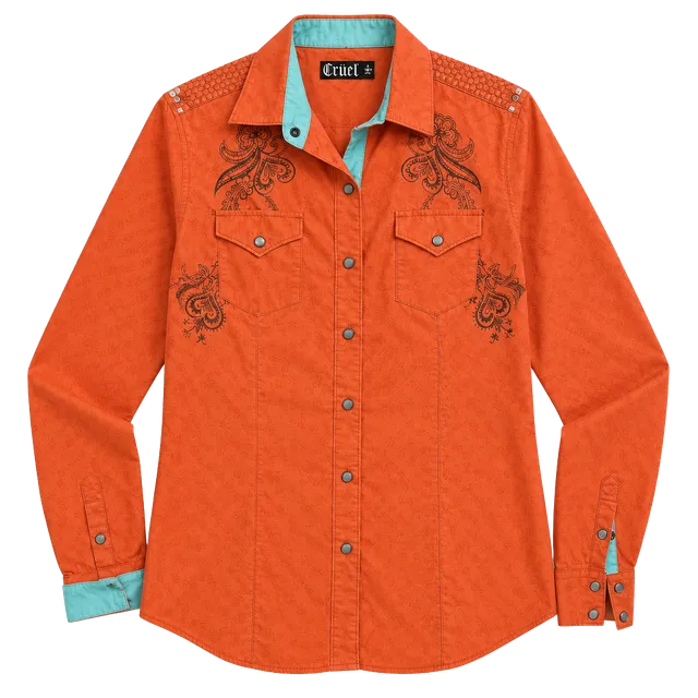 Cruel sequin pearl snap Western Shirt Size L Orange Floral Print