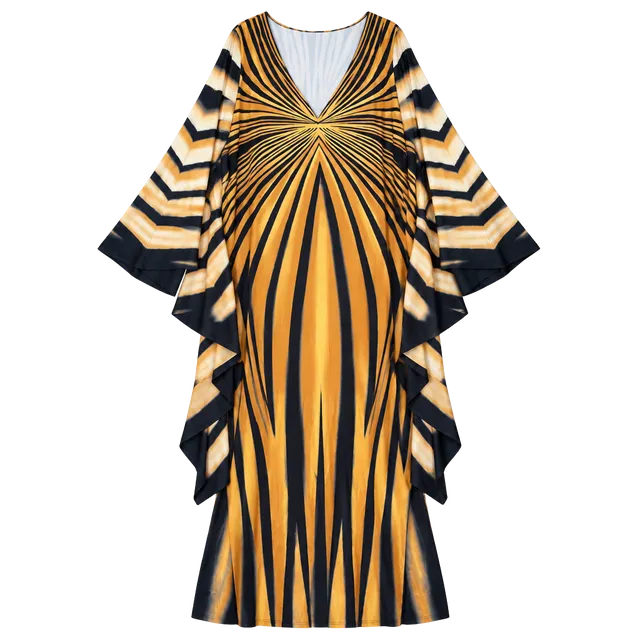 Tiger Stripe Print Maxi Caftan Dress Gold Black V-Neck One Size